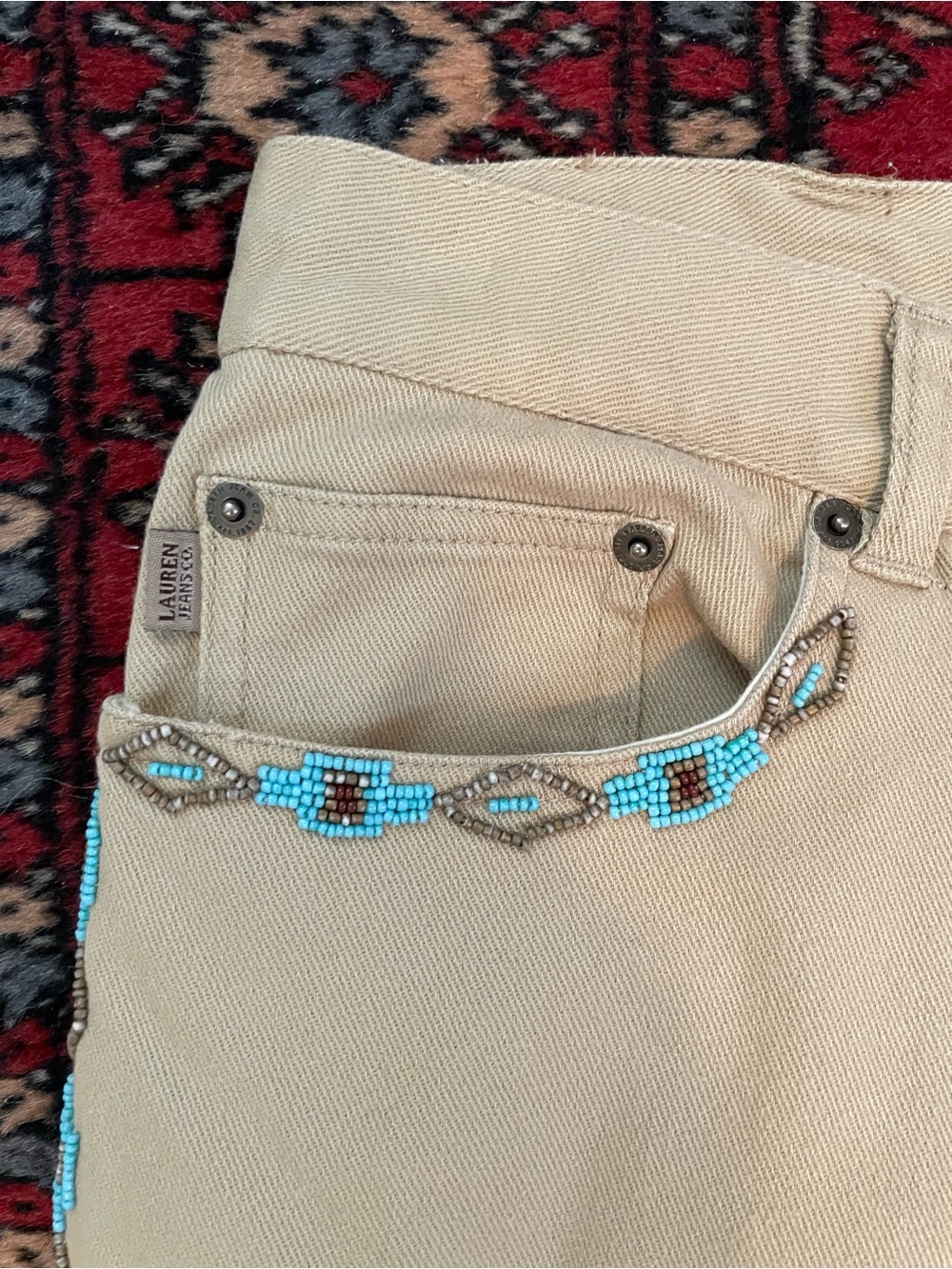 Ralph Lauren Jeans Co. Vintage Tan Jeans w Turquoise Beading Size 12 Made in HK - Picture 10 of 15